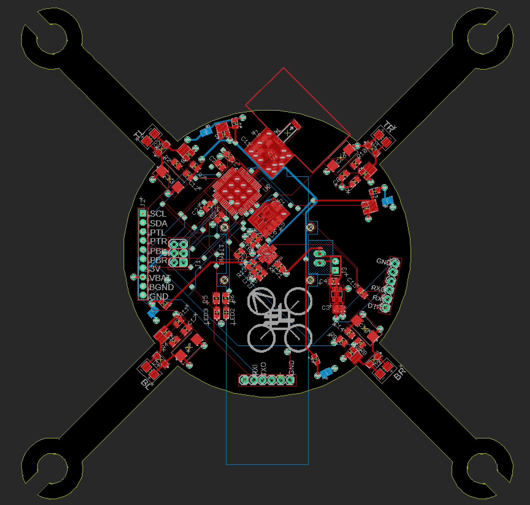 A picture of a PCB layout for a quadcopter